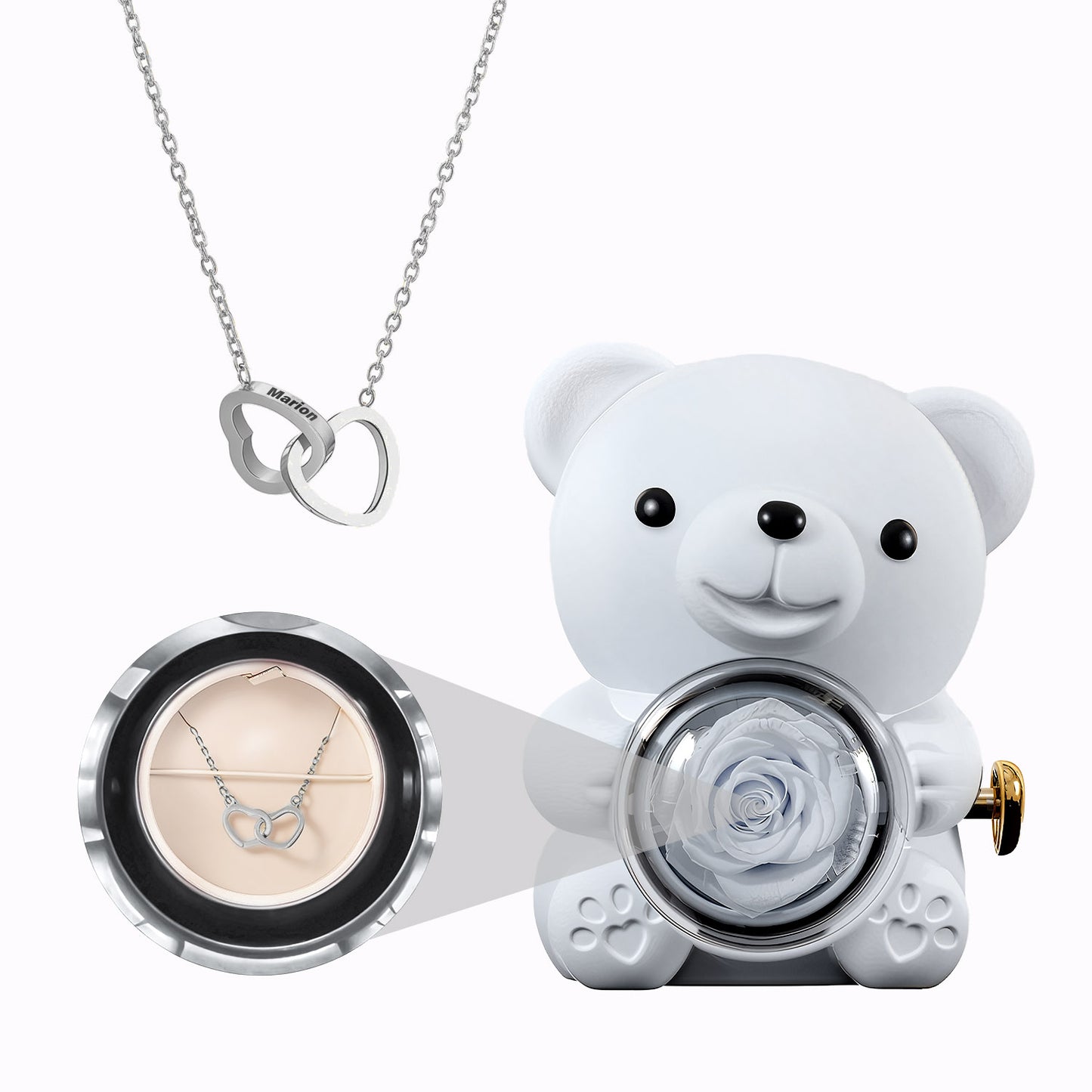 Coffret Ours Rose Eternelle - Collier Cœurs Gravés